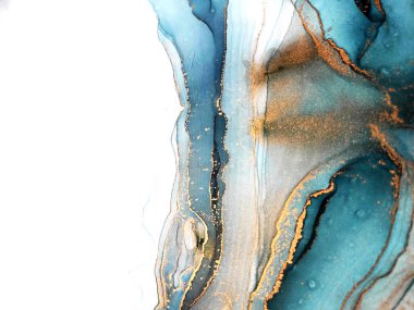 Kartlar için arka plan. Gökyüzü rengi, Beyaz ve Altın Çizgiler. Buz arkaplanı. Su Mürekkebi Boşanmaları. Aquamarine Pigment Gouache. Alkol Mürekkebi lekeleri. Mavi Soyut.