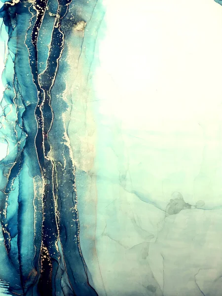Alkol Soyut Mavi Beyaz Altın Benekler Mavi Buz Serpme Mürekkebi — Stok fotoğraf