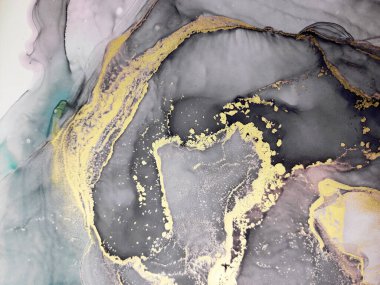 Siyah ve Altın Alkol Mürekkebi. Takımyıldızı Boyası. Doku Suluboya. Parlak Altın Smearing. Sihirli arka plan. Jeot Mürekkebi çizilmiş. Siyah Üzerine Altın Boşanmalar.