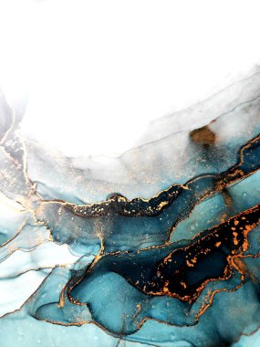 Alkol Mürekkebi Sanatı. Okyanus rengi, Beyaz ve Altın Çizgiler. Deniz suyu döküldü. Su Mürekkebi lekesi. Aquamarine Leke Pigment. Alkol Mürekkebi lekeleri. Mürekkep Yıkama Pastası.