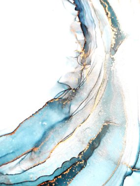 Alkol soyut. Koyu mavi, beyaz ve altın damlaları. Buzlu arka plan boyası. Su Mürekkebi Sıçratma. Aquamarine, Watercolor 'u bulanıklaştırıyor. Alkol Mürekkebi lekeleri. Alkol Mürekkebi Sanatı.