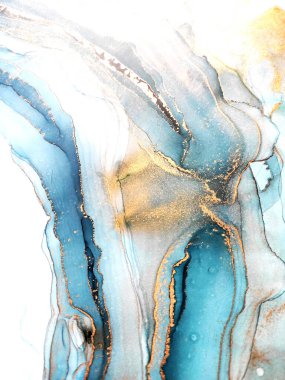 Alkol mürekkebi dokusu. Mavi, Beyaz ve Altın Lekeleri. Donmuş arka plan sıvısı. Su Mürekkebi lekesi. Aquamarine Gouache Yazdırıyor. Alkol Mürekkebi Çizgileri. Bulutlar Makro.