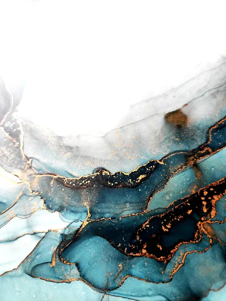 Alkohol Tusche Kunst Ozeanfarbe Weiße Und Goldene Streifen Meerwasser Verschüttet — Stockfoto