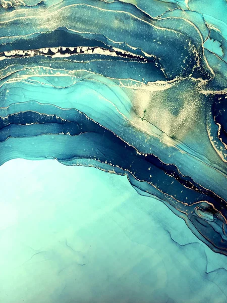 Αλκοολική Υφή Μελανιού Χρώμα Ωκεανού Λευκό Και Χρυσό Λεκέ Ωκεανό — Φωτογραφία Αρχείου
