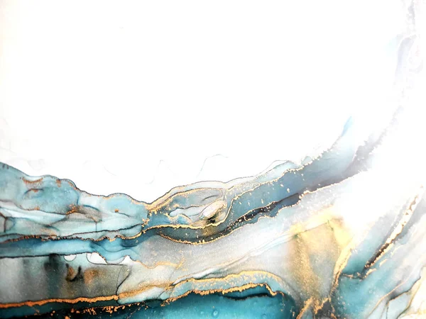 Alcohol Achtergrond Oceaankleur Wit Gouden Vlekken Zeegolven Spot Water Inkt — Stockfoto