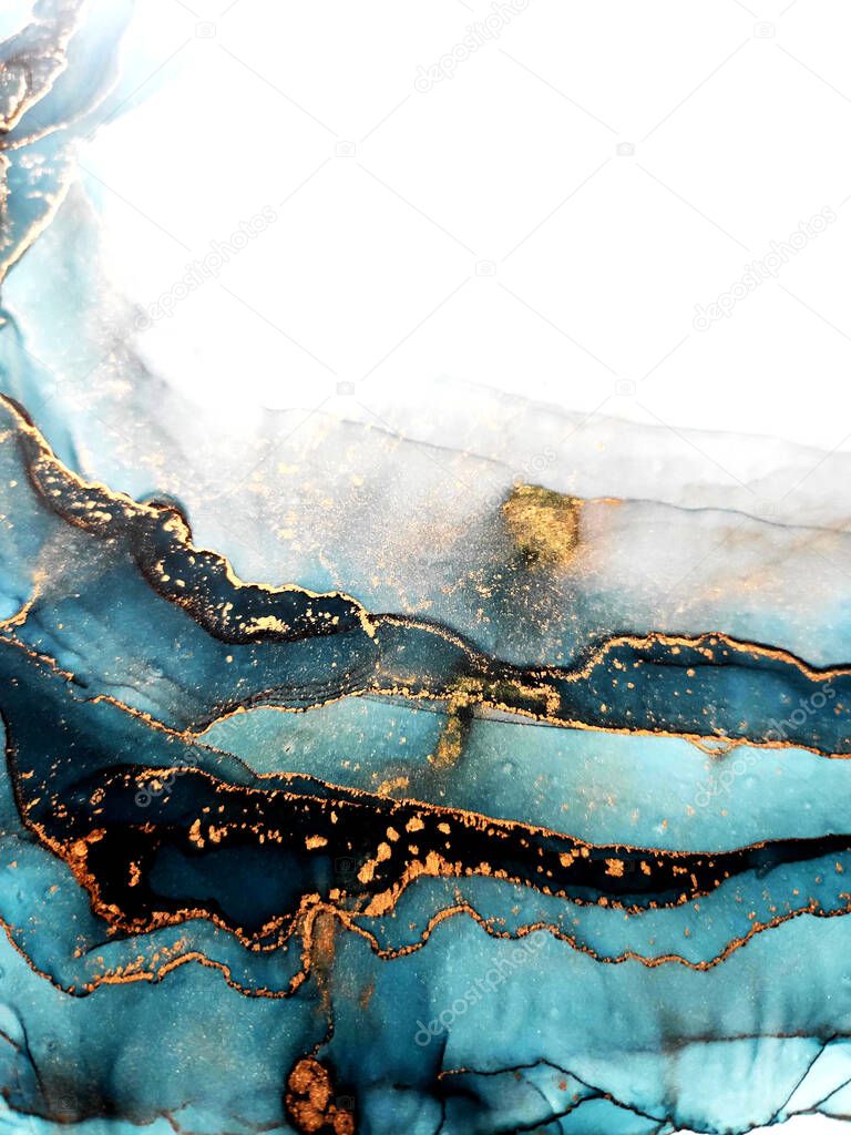 Alcohol Background. Dark blue, White and Gold Spots. Transparent clouds Lines. Water Ink Dots. Aquamarine Drops Ink Blur. Alcohol Ink Streaks. Clouds Macro.