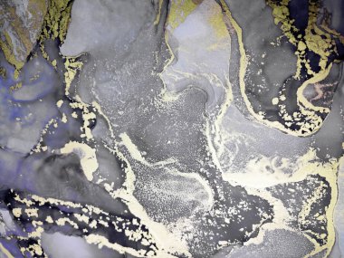Siyah ve Altın Alkol Mürekkebi. Sanat eseri boyası. Soyut Sanat Suluboya Boyası. Aquarelle Altın Noktaları. Eğlenceli bir arka plan. Bulanık Kova lekesi. Siyah Üzerine Altın Boşanmalar.