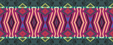 Ikat Seamless Strip picture. Indigo, Magenta and Brown Tones with Charcoal. Wash Drawing Japanese Decoraton Style. Tribal Scarf Decor Design. Colorful Graphic ikat.