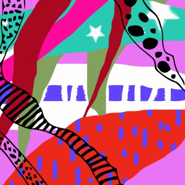 Graphic Minimal Print. Polygon Multicolored. Grass Illustration. Tropical Flora Scribble. Scribble Banner. Abstract Greenery Background. Geometric Textile.