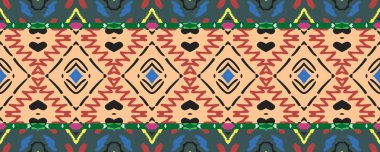 Ikat Seamless Wallpaper. Blue, Scarlet and Brown elements with Black. Aquarelle African Grunge Style. Colorful Cloth Decor Decor. Colorful Boho ikat.