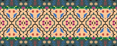 Ikat Seamless Strip picture. Blue, Rose and Brown Tones with Black. Wash Drawing Indonesian Dyed batik. Modern Rug Decor Threadbare textile. Colorful Bohemian ikat.