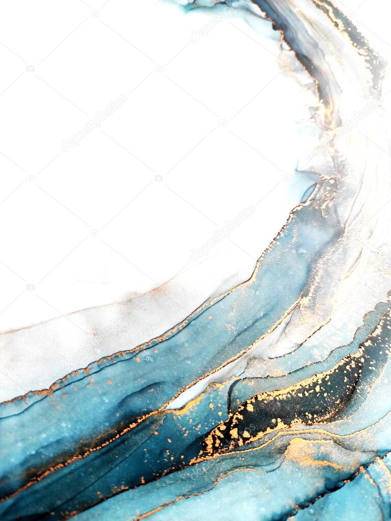 Colorful Texture. Blue, White and Gold Spots. Frosty Background Sputter. Water Ink Fluid. Aquamarine Streaks Aquarelle paint. Alcohol Ink Drops. Blue Abstract.