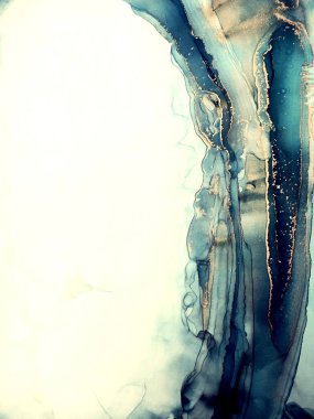 Alcohol Ink Art. Sea color, White and Gold Stains. Sea waves color. Water Ink Liquid. Aquamarine Pigment Gouache drawn. Alcohol Ink Streaks. Ink Wash Pastel.
