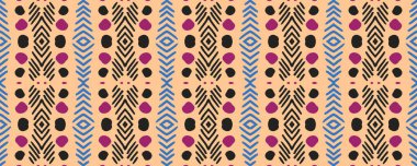 Kusursuz bir arka plan. Sky, Scarlet ve Brown elementleri Gray ile. Yıkama Şam Sonsuz Kumaşı. Boho Etnik Dekorasyon Nakışı. Renkli Modern ikat.