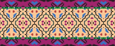 Kusursuz desen Ikat. Gökyüzü, Pembe ve Kahverengi lekeler. Aquarelle Endonezya Etkisi. Renkli Halı Dekorasyonu. Renkli Vintage ikat.