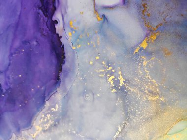 Alcohol Ink Art. Aquamarine Spots Gouache paint. Sapphirine, White and Gold Pigment. Ink imitation. Ice Background Spot. Water Alcohol Ink Drops. Background for Cards.