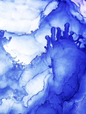 Colorful Texture. Ink Smudges. Water Tidal bore color. Aquamarine Spots Aquarelle drawn. Sky color, White and Gold Stains. Alcohol Ink Pigment. Clouds Macro.