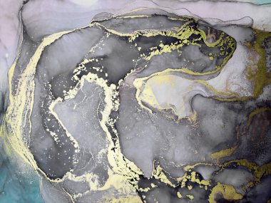 Black and Gold Alcohol Ink. Bright Paint. Unearthly Wash Drawing. Tint Golden Spot. Mystical Background. Dirty Watercolor drawn. Gold Divorces on Black.