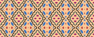 Ikat Seamless Wallpaper. Indigo, Magenta and White color with Black. Watercolor Indonesian Ethnic Embroidery. Traditional Scarf Decor Motley Print. Colorful Tribal ikat.