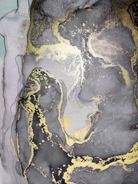 Black and Gold Alcohol Ink. Canvas Paint. Color Golden Fluid. Star Background. Golden Aquarelle. Earth Aquarelle drawn. Gold Divorces on Black.