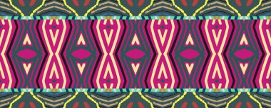 Ikat Seamless Background. Blue, Pink and White Lines with Black. Wash Drawing Indonesian Effect. Traditional Rug Decor Grunge Style. Colorful Boho ikat.