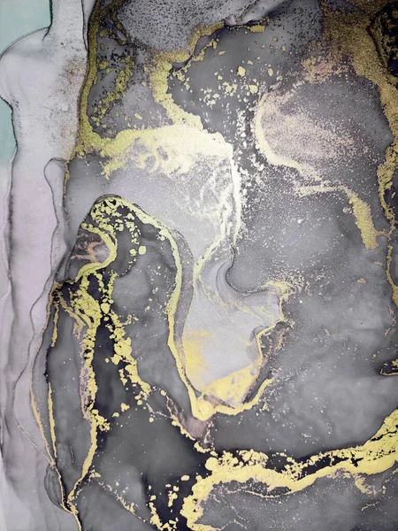 Black and Gold Alcohol Ink. Canvas Paint. Color Golden Fluid. Star Background. Golden Aquarelle. Earth Aquarelle drawn. Gold Divorces on Black.