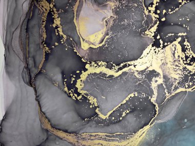 Black and Gold Alcohol Ink. Golden Dots. Mixed Paint. 2020 Canvas Hand paint. Shining Stars. Stone Gouache Print. Gold Divorces on Black.
