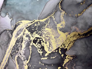 Black and Gold Alcohol Ink. Decorative Paint. Explosion Gouache drawn. Dramatic Golden Smudges. Fantasy Background. Pigment Aquarelle paint. Gold Divorces on Black.
