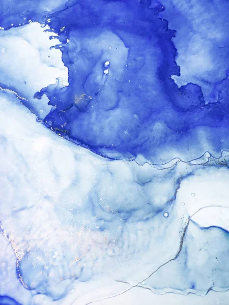 Alcohol Abstract. Aquamarine Streaks Hand Drawn. Tidal bore Liquid. Blue, White and Gold Drops. Ink Spray. Water Alcohol Ink Pigment. Clouds Macro.