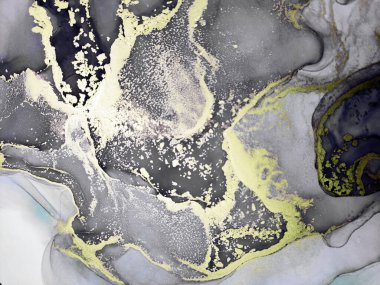 Black and Gold Alcohol Ink. Deep Space Paint. Acrylic Wash Drawing. Blended Golden Pigment. Alcohol Illustration. Moon Watercolor Print. Gold Divorces on Black.