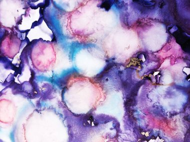 Colorful Texture. Rainbow Blots. Azure Stains. Delicate Emerald. Motley Rose color. Gold Lines Gouache Print. Alcohol Ink Red Spots. Blue Abstract.