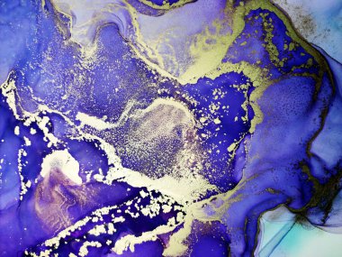 Blue Abstract. Sky color, White and Gold Drops. Ocean Waves splatter. Water Ink imitation. Aquamarine Pigment Watercolor Print. Alcohol Ink Stains. Background for Cards.