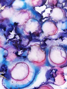 Vintage Abstract. Rainbow Splatter. Light Sputter. Delicate Violet. Motley Emerald Morbilli. Gold Lines Aquarelle paint. Alcohol Ink Sky color Drops. Alcohol Art.