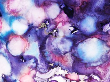 Background for Cards. Rainbow Drops. Ocean color Tone. Delicate Violet. Motley Azure splatter. Gold Lines Aquarelle drawn. Alcohol Ink Lilac Stains. Clouds Macro.