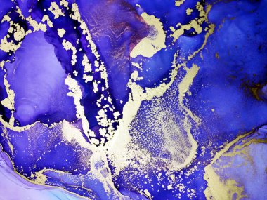 Ink Wash Pastel. Blue, White and Gold Streaks. Clear water Marble. Water Ink wallpaper. Aquamarine Pigment Watercolor drawn. Alcohol Ink Spots. Background for Cards.