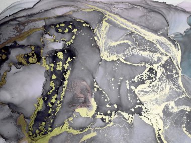 Siyah ve Altın Alkol Mürekkebi. Dream Hand boyası. Grafik Sihirli Arkaplan. Dekorasyon boyası. Altın rengi. Sıçrama Gouache Yazdırma. Siyah Üzerine Altın Boşanmalar.