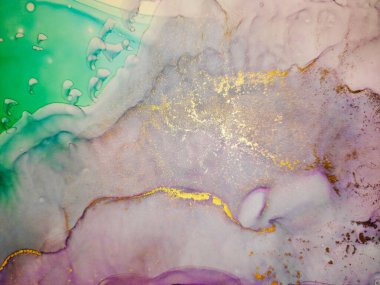 Clouds Macro. Sky color, White and Gold Drops. Water Ocean Waves Dots. Aquamarine Stains Watercolor. Ink Smudges. Alcohol Ink Streaks. Alcohol Background.