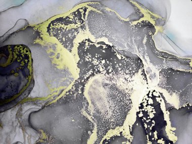 Siyah ve Altın Alkol Mürekkebi. Altın döküldü. Macro Ink. Ruhsal Doku Boyası. Yıldız Arkaplanı. Nebula mürekkebi izi. Siyah Üzerine Altın Boşanmalar.