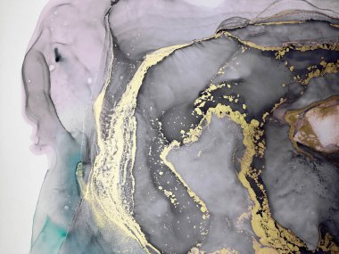 Black and Gold Alcohol Ink. Mix Paint. Wave Gouache Print. Artist Golden print. Mystical Background. Marble Ink Blur. Gold Divorces on Black.