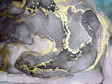 Black and Gold Alcohol Ink. Stain Pigment. Brush Paint. Golden Tone. Eastern Galaxy Background. Planet Gouache Print. Gold Divorces on Black.