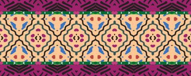 Kusursuz desen Ikat. Gökyüzü, Kızıl ve Kahverengi renkte ve gri. Yıkama Çizim Motifi. Klasik Eşarp Dekoru Halk Tasarımı. Renkli Grafik Bölümü.