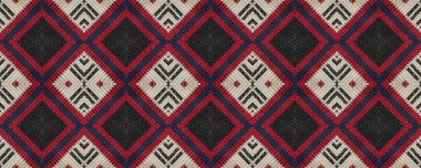 Seamless Ethnic Embroidery. Woven Tapestry Pale Print. European Folk Design. Needlework Strips Thread. Wicker Arabesque Mouline. Rug macrame Volume Relief.