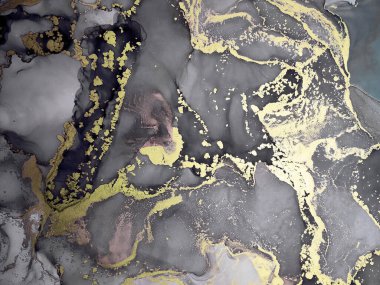 Siyah ve Altın Alkol Mürekkebi. Altın Görüntü. Splash Art Gouache çizilmiş. Görünüşte Boya. Eğlenceli bir arka plan. Jeot Kova çizildi. Siyah Üzerine Altın Boşanmalar.