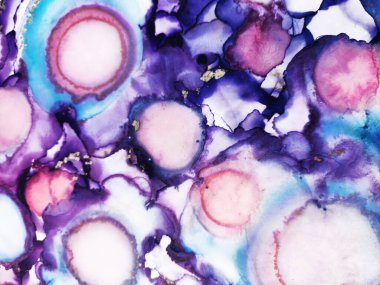 Blue Abstract. Rainbow Drops. Azure Morbilli. Delicate Aquamarine. Motley Bright Spot. Gold Lines Watercolor Print. Alcohol Ink Green Stains. Clouds Macro.