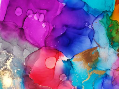Alcohol Background. Rainbow Splatter. Bright spilled. Motley Violet Stains. Alcohol Ink Sky color Blots. Gold Lines Ink Blur. Delicate Ocean color. Blue Abstract.