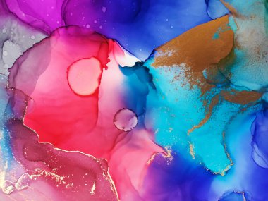 Clouds Macro. Gold Lines Wash Drawing. Alcohol Ink Red Stains. Delicate Navy blue. Rose paint. Motley Violet Splatter. Rainbow Pigment. Blue Abstract.