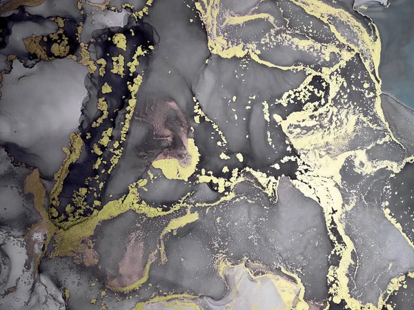 Siyah ve Altın Alkol Mürekkebi. Altın Görüntü. Splash Art Gouache çizilmiş. Görünüşte Boya. Eğlenceli bir arka plan. Jeot Kova çizildi. Siyah Üzerine Altın Boşanmalar.