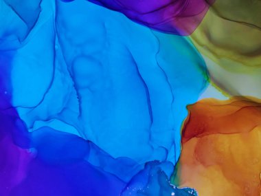 Klasik Soyut. Alkol mürekkebi lacivert lekeler. Altın Çizgili Gouache Görüntü. Hassas okyanus rengi. Gökkuşağı Kirli. Hafif Smearing. Motley Azure Noktaları. Renkli Doku.