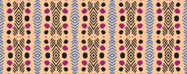 Kusursuz bir arka plan. Sky, Scarlet ve Brown elementleri Gray ile. Yıkama Şam Sonsuz Kumaşı. Boho Etnik Dekorasyon Nakışı. Renkli Modern ikat.