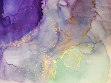 Alkol İllüstrasyonu. Water Sky rengi, Beyaz ve Altın Lekeleri. Mürekkep Tonu. Aquamarine Pigment Gouache Parmak izi. Temiz su noktaları. Alkol Mürekkebi lekeleri. Alkol Mürekkebi dokusu.